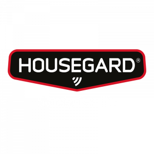 Housegard logo - Hvit skrift på sort bakgrunn med rød ramme rundt.