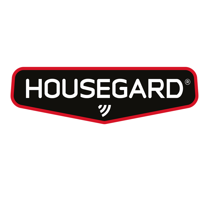 Housegard logo - Hvit skrift på sort bakgrunn med rød ramme rundt.