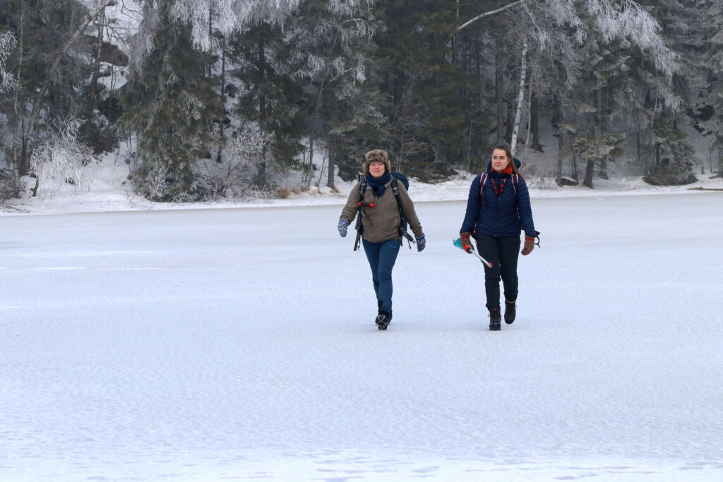 Bildet viser to voksne damer som går på isen
