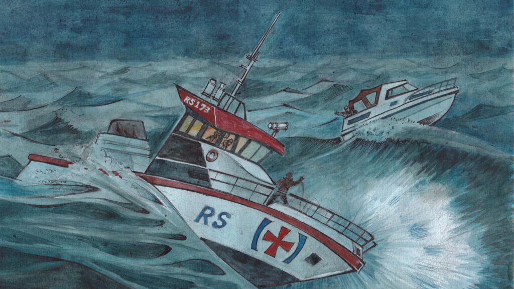 Illustrasjonsbilde av Redningsskøyta som prøver å slepe båten til Robert som har motorstopp i storm.