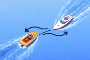 Hold styrbord for møtende båt : Når to motorbåter styrer mot hverandre, skal begge i god tid vike litt til styrbord. Båtene vil da passere hverandre på babord (venstre) side.