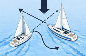 Seilbåt med vinden inn fra babord viker for seilbåt med vinden inn fra styrbord : Når to seilbåter får vinden inn på forskjellig side, skal den som får vinden inn fra babord side vike for den andre.